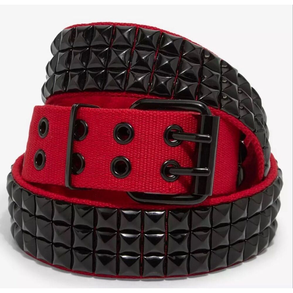 Hot Topic Red & Black Canvas Three Row Pyramid Stud Belt Size 2X New Unisex